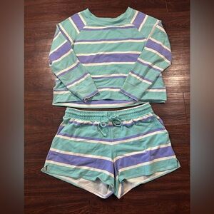 Wildfox Lounge Set - Sweatshirt and Shorts - Blue Stripes Size Large